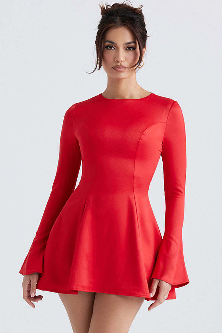Crew Flowy Neck Long Sleeve Fit & Flare Holiday Satin Mini Dress - Red