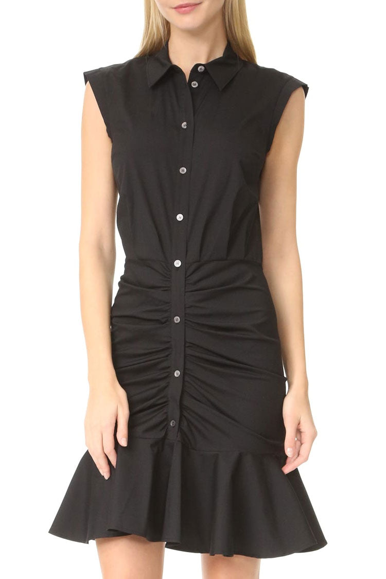 Fishtail Flowy Button Up Sleeveless Ruched Shirt Mini Dress - Black