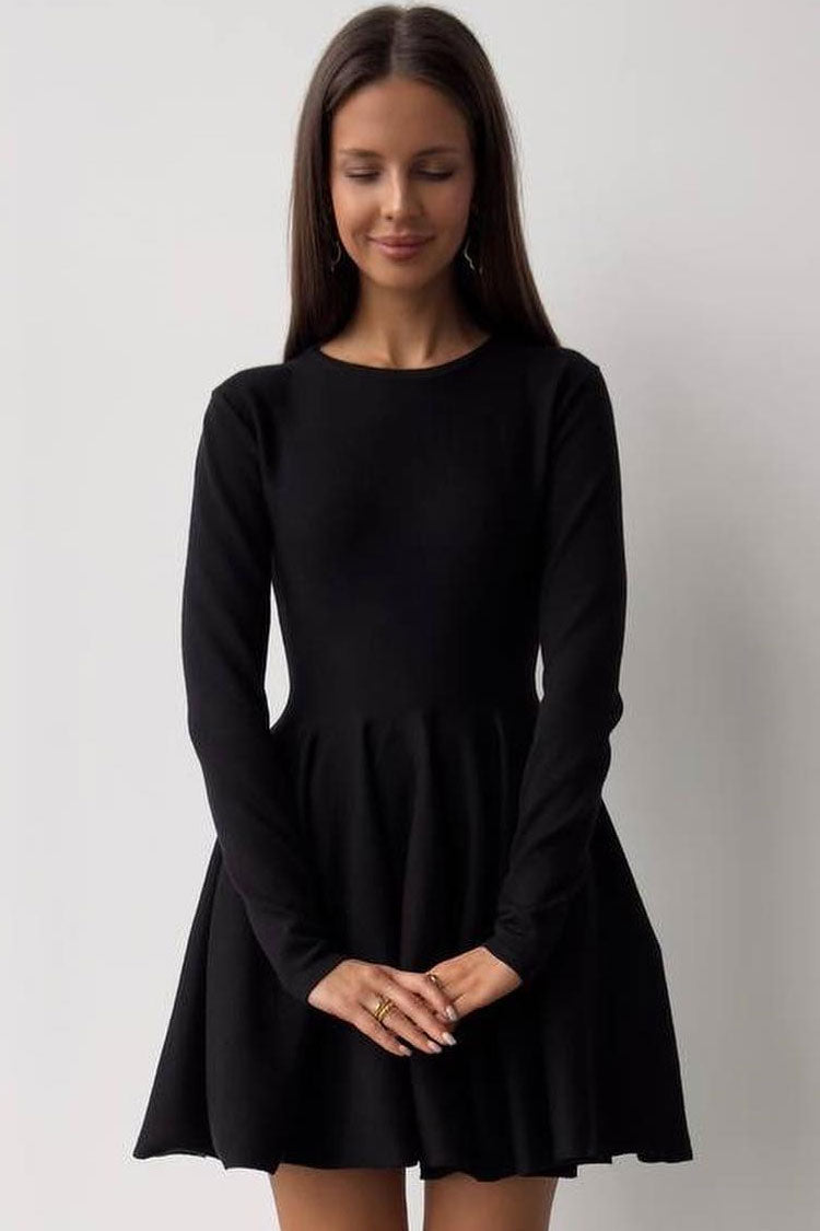 French Flowy Style Crew Neck Long Sleeve Fit and Flare Sweater Mini Dress - Black