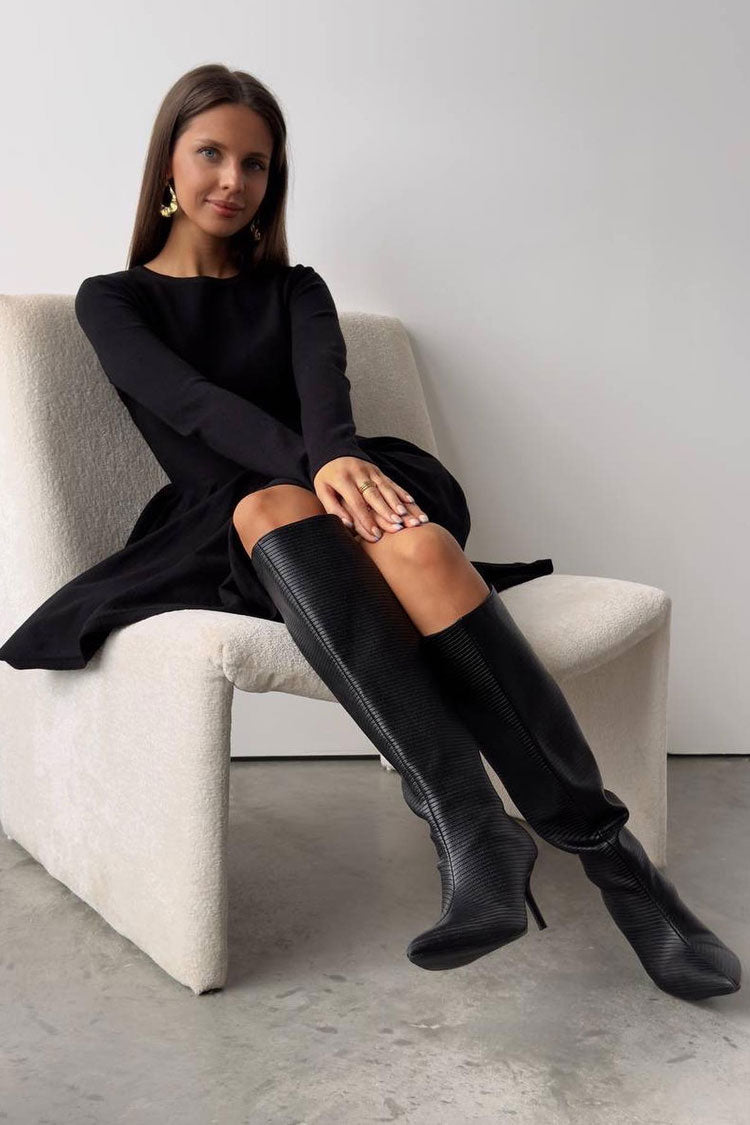 French Flowy Style Crew Neck Long Sleeve Fit and Flare Sweater Mini Dress - Black