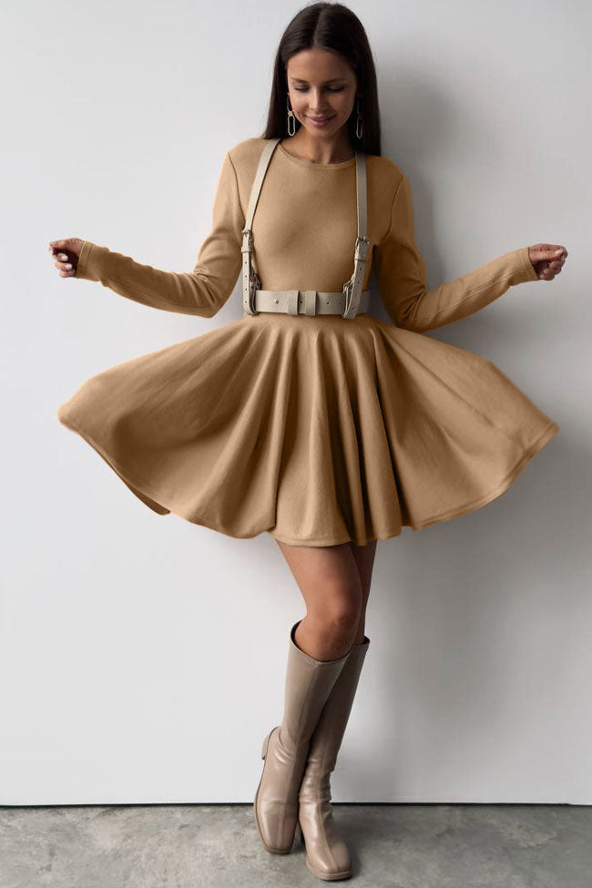 French Flowy Style Crew Neck Long Sleeve Fit and Flare Sweater Mini Dress - Khaki