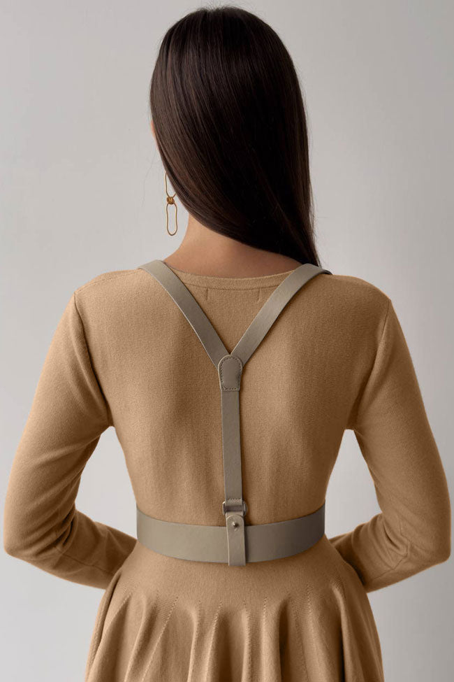 French Flowy Style Crew Neck Long Sleeve Fit and Flare Sweater Mini Dress - Khaki
