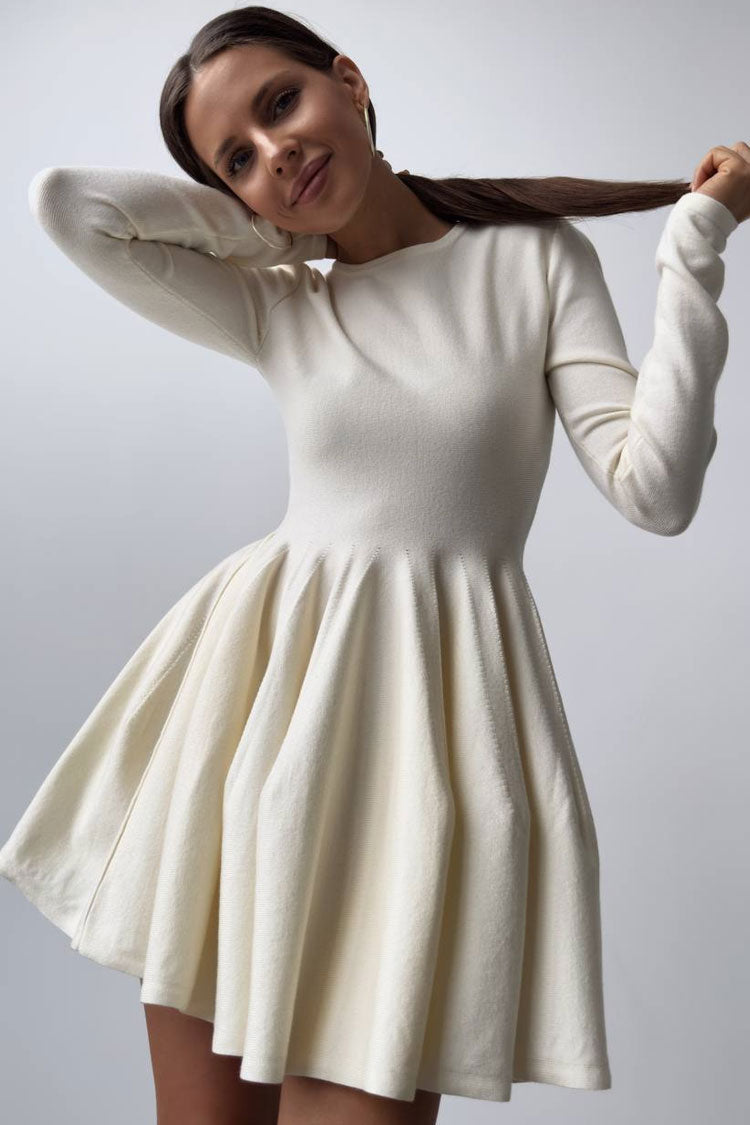 French Flowy Style Crew Neck Long Sleeve Fit and Flare Sweater Mini Dress - White