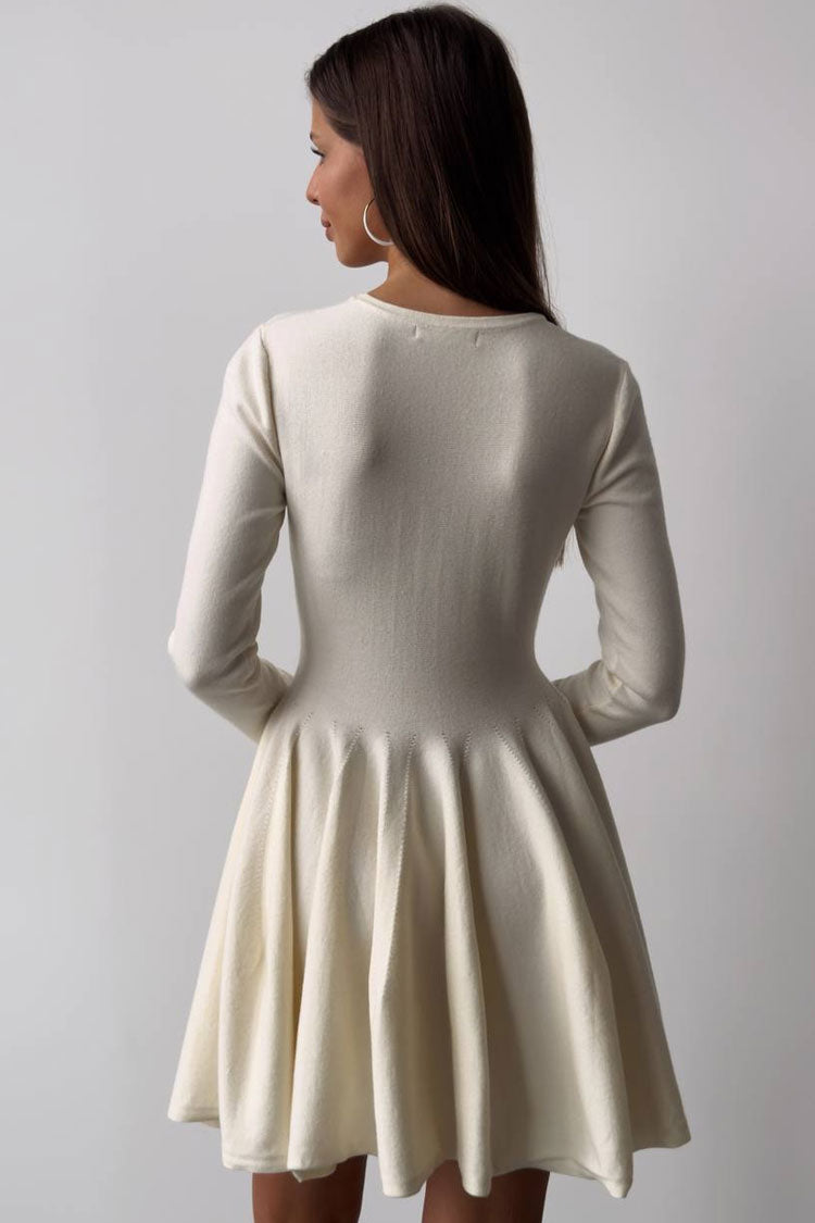 French Flowy Style Crew Neck Long Sleeve Fit and Flare Sweater Mini Dress - White