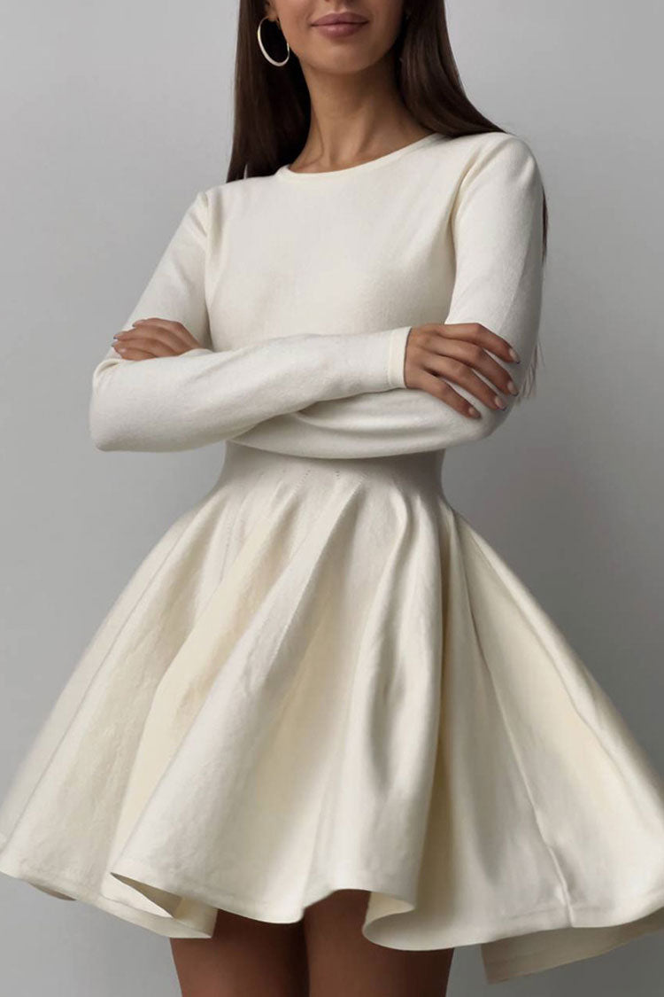 French Flowy Style Crew Neck Long Sleeve Fit and Flare Sweater Mini Dress - White