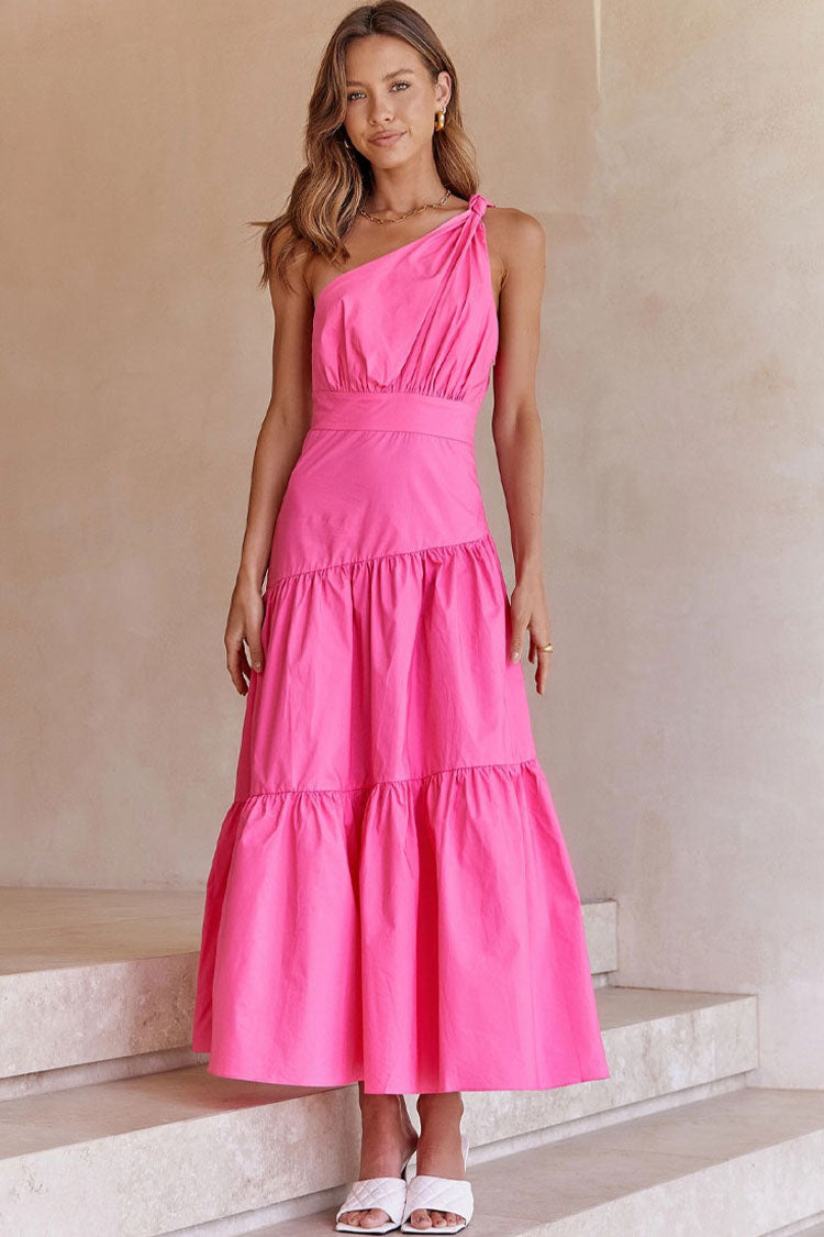 One Flowy Shoulder Tiered Beach Vacation Midi Dress - Rose