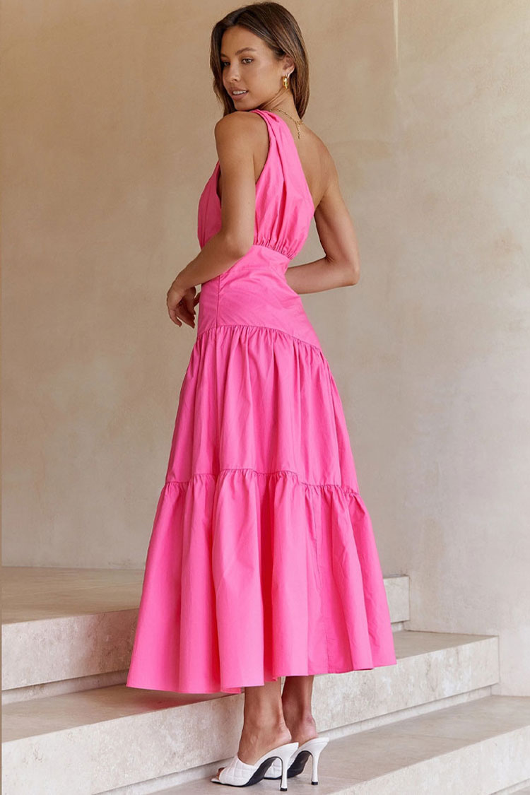 One Flowy Shoulder Tiered Beach Vacation Midi Dress - Rose