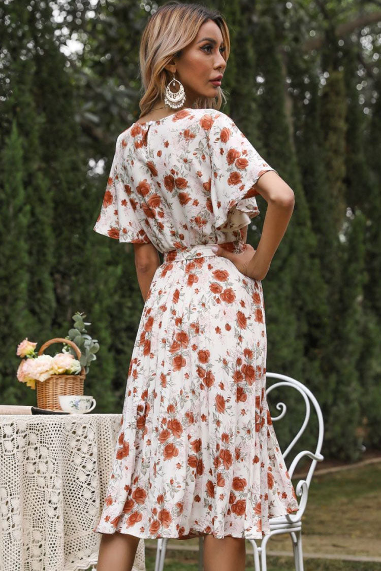 Flowy Round Neck Short Sleeve Pleated Bloom Printed Midi Dress - White
