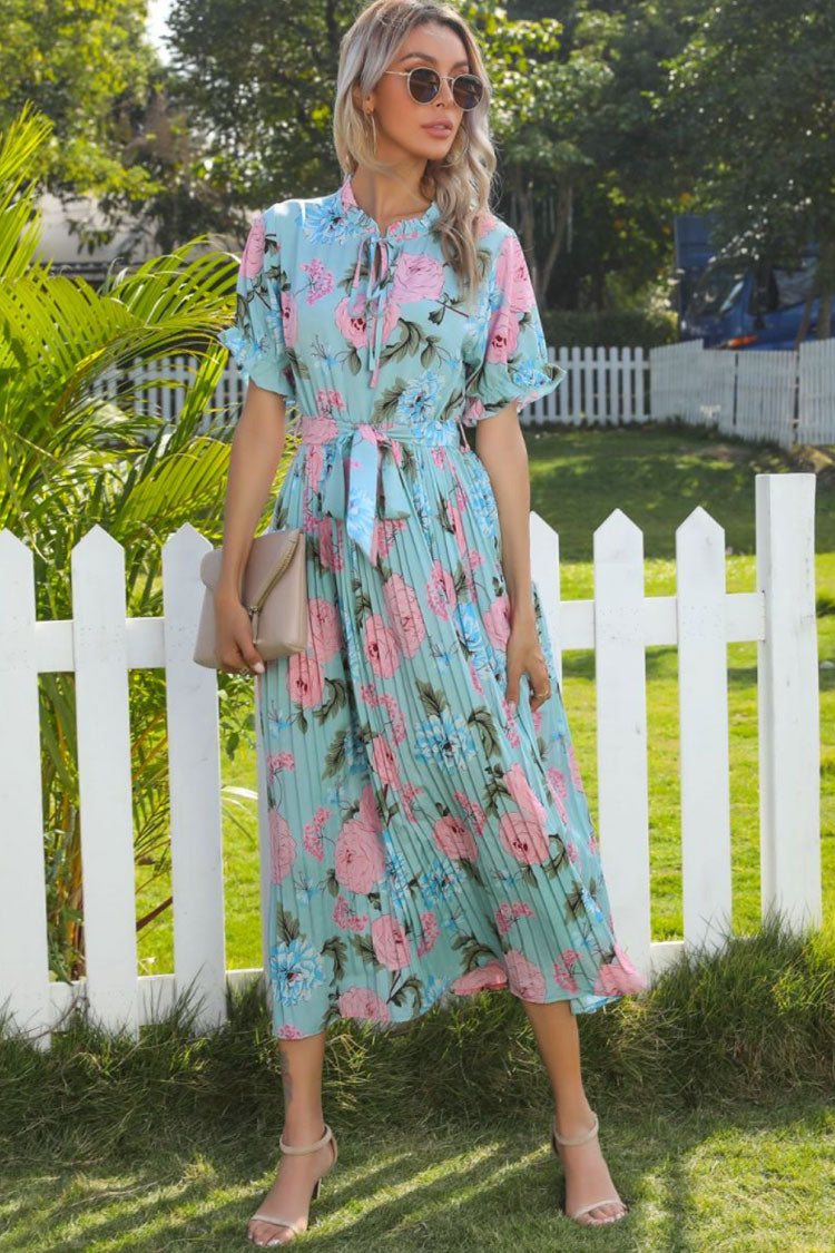 Flowy Tie Neck Puff Sleeve Pleated Bloom Printed Midi Dress - Lake Blue