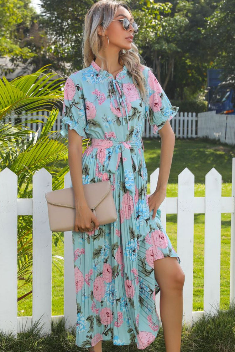 Flowy Tie Neck Puff Sleeve Pleated Bloom Printed Midi Dress - Lake Blue