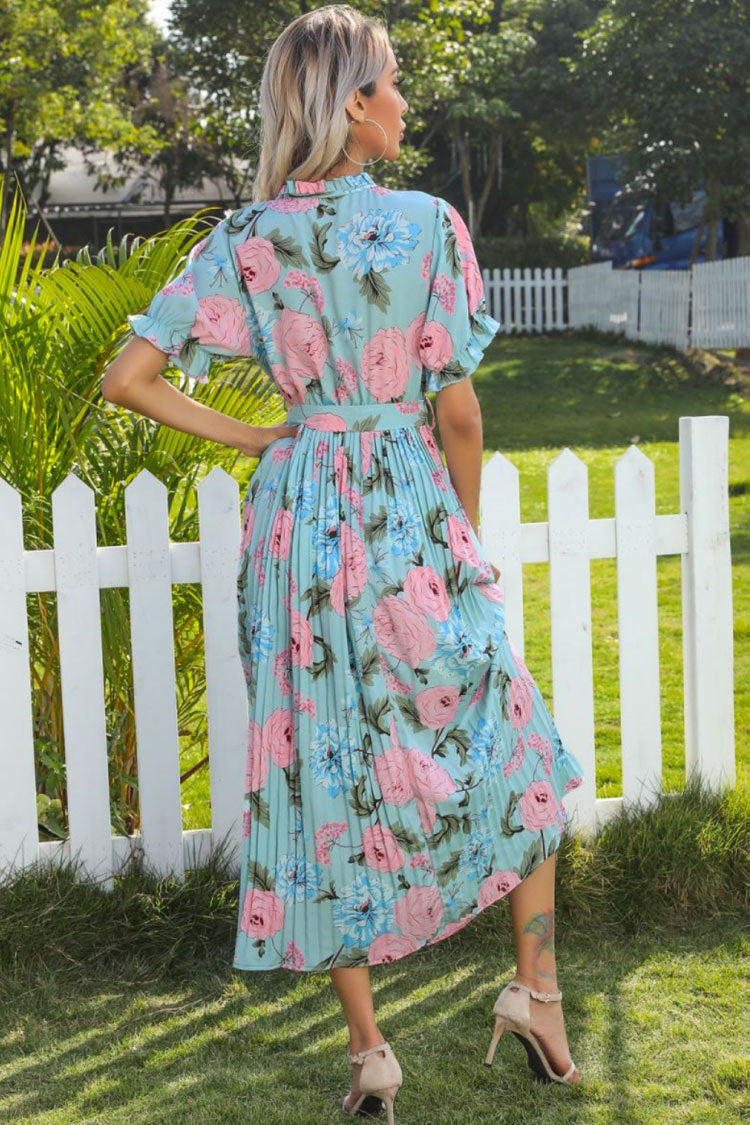 Flowy Tie Neck Puff Sleeve Pleated Bloom Printed Midi Dress - Lake Blue