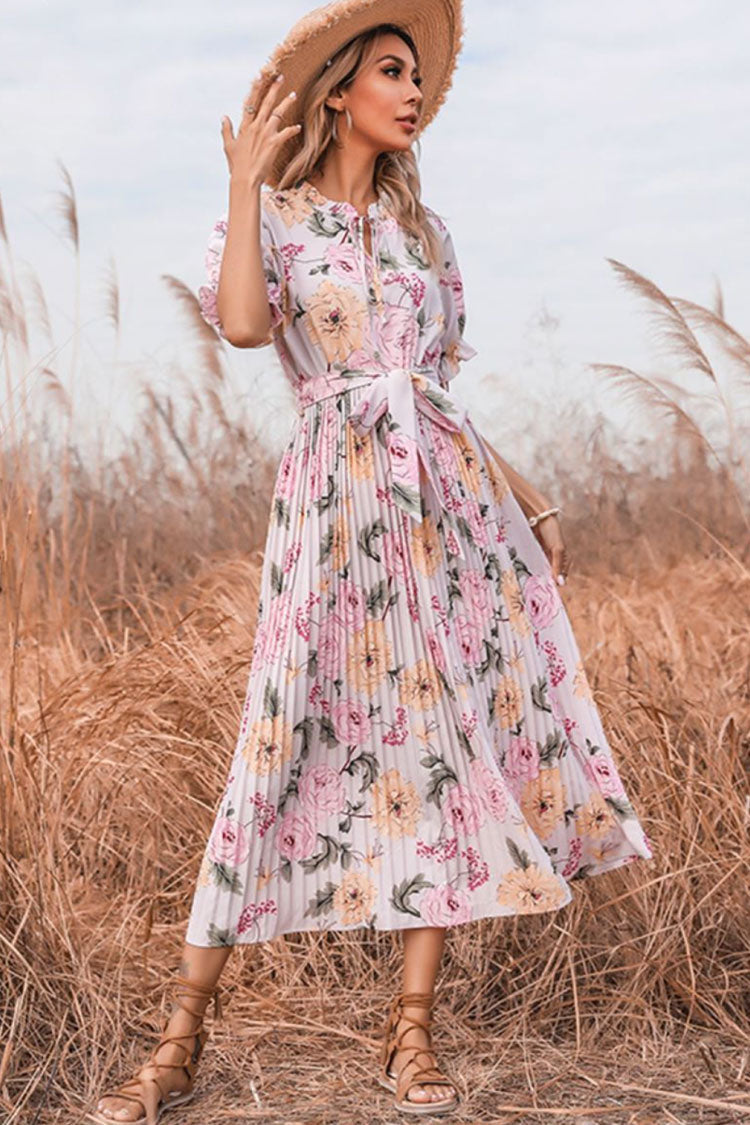 Flowy Tie Neck Puff Sleeve Pleated Bloom Printed Midi Dress - Pink