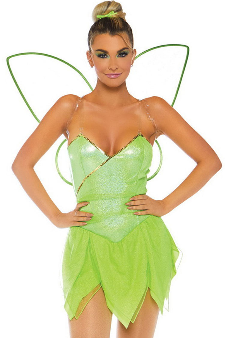 Fairy Forest Elf Cosplay Wing Petal Hem Halloween Party Mini Dress - Light Green