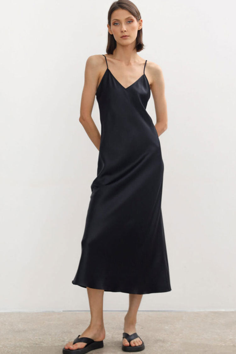 Chic French V Neck Spaghetti Strap Satin Slip Midi Dress - Black