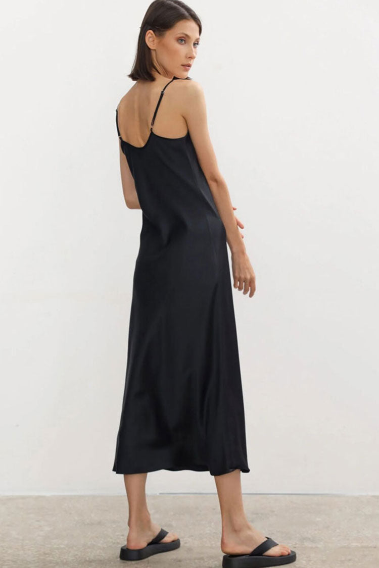 Chic French V Neck Spaghetti Strap Satin Slip Midi Dress - Black