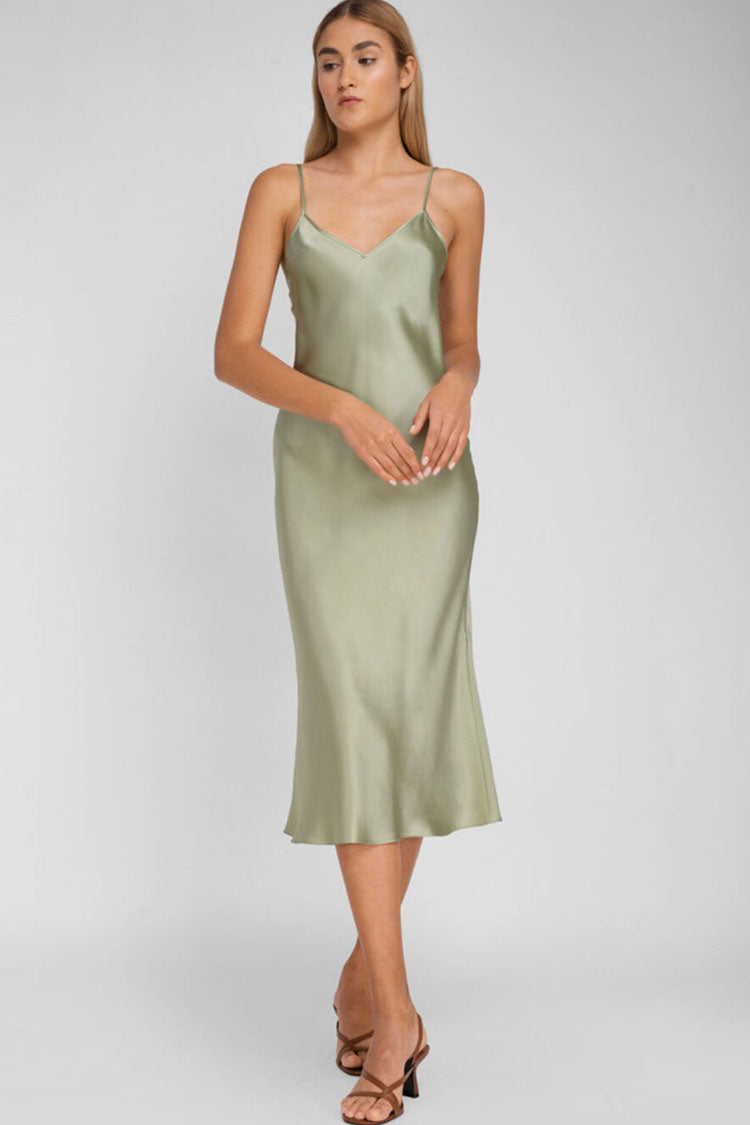 Chic French V Neck Spaghetti Strap Satin Slip Midi Dress - Light Green