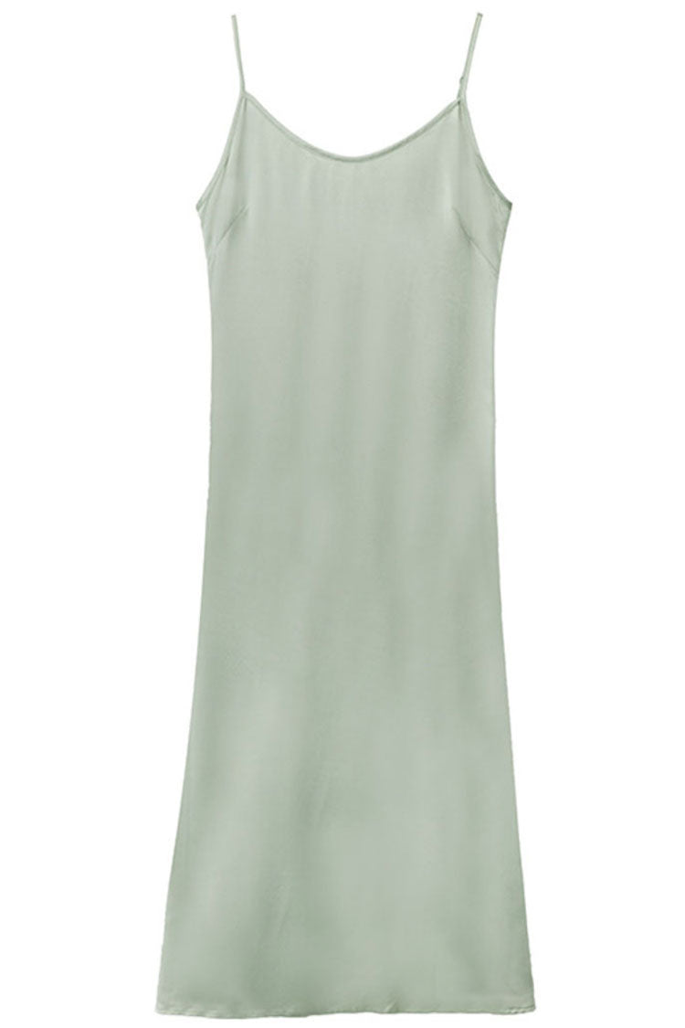 Chic French V Neck Spaghetti Strap Satin Slip Midi Dress - Light Green