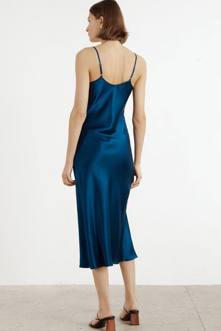 Chic French V Neck Spaghetti Strap Satin Slip Midi Dress - Navy Blue