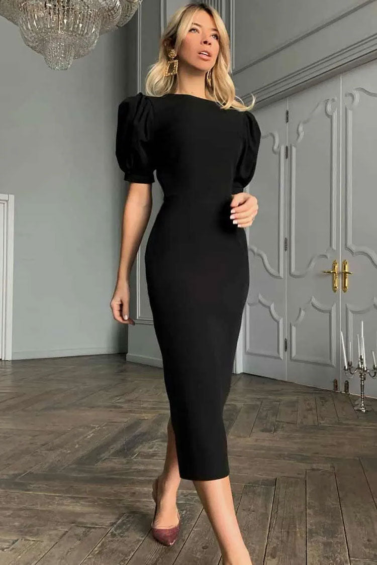 Crew French Neck Puff Sleeve Cocktail Party Midi Dress - Black