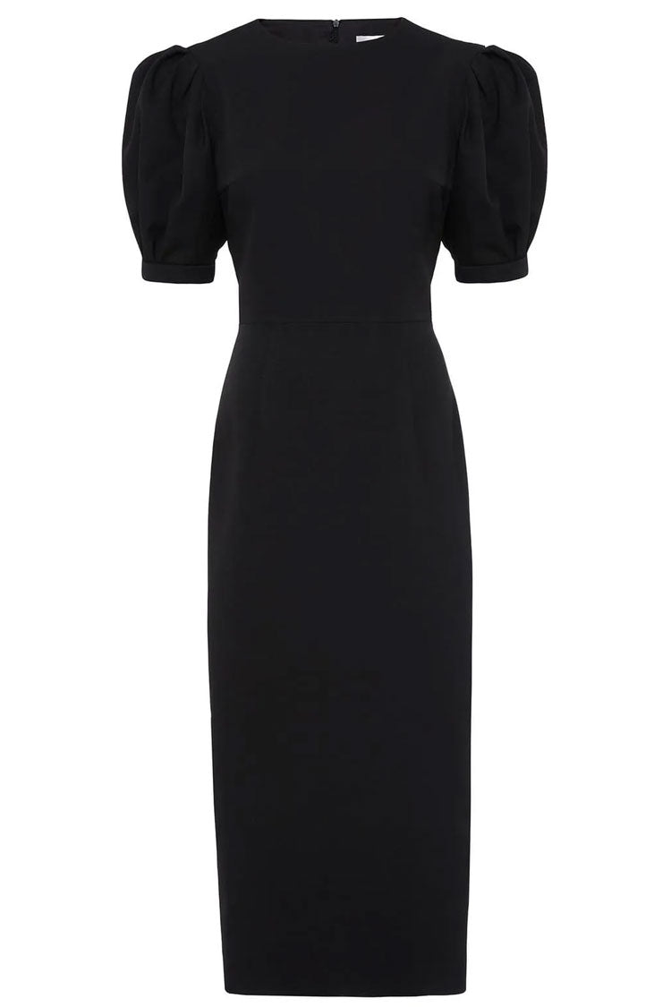 Crew French Neck Puff Sleeve Cocktail Party Midi Dress - Black