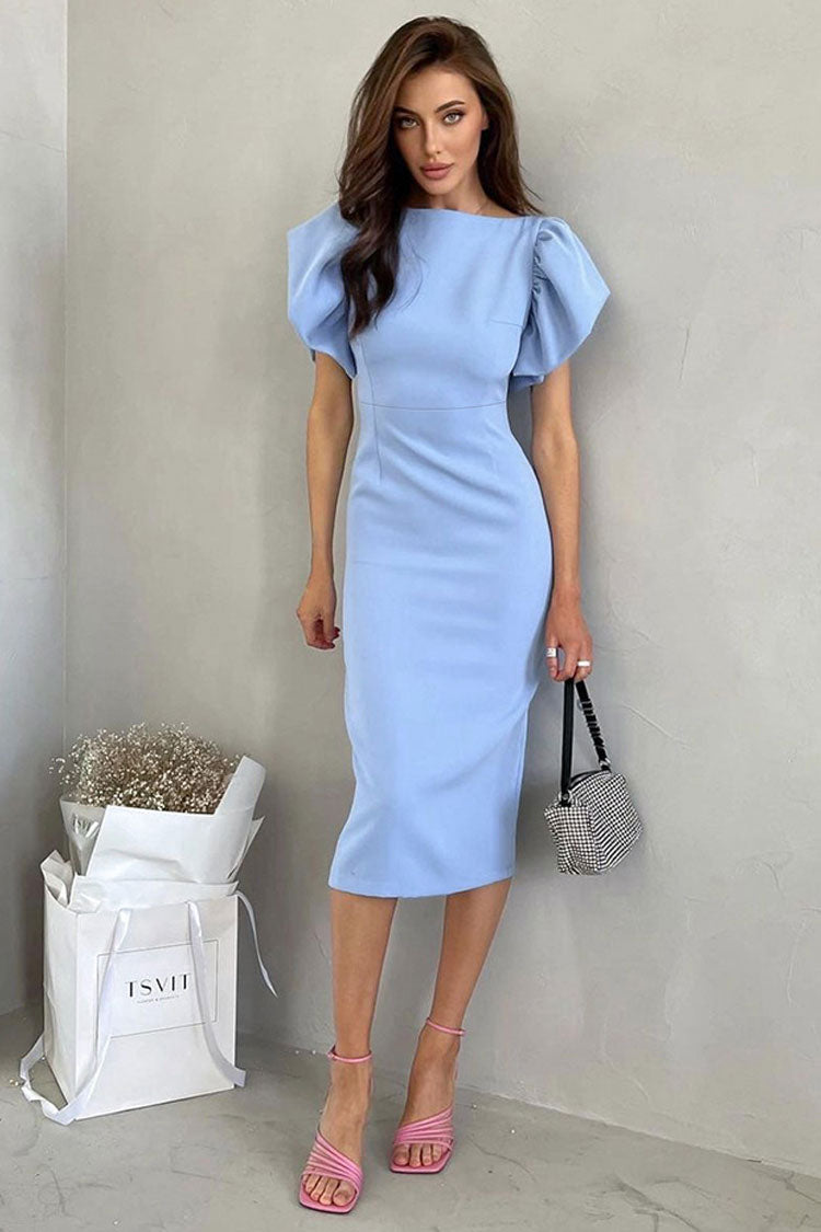 Crew French Neck Puff Sleeve Split Bodycon Cocktail Party Midi Dress - Blue