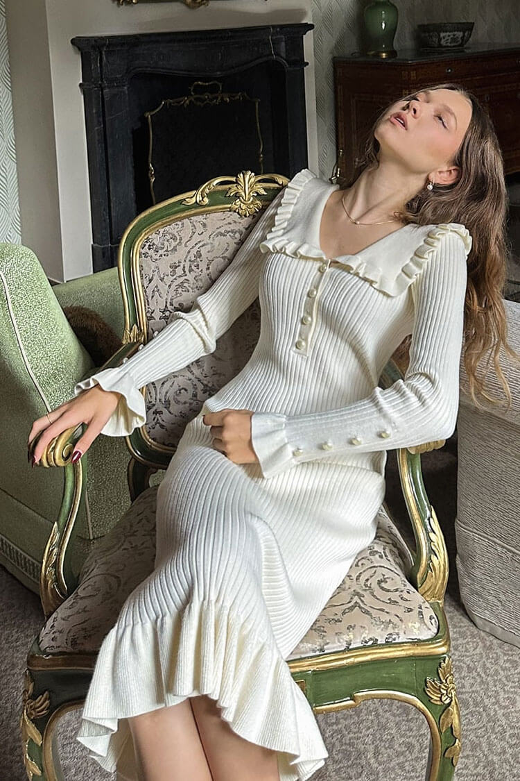 Peter French Pan Collar Half Button Ruffle Long Sleeve Sweater Midi Dress - Cream