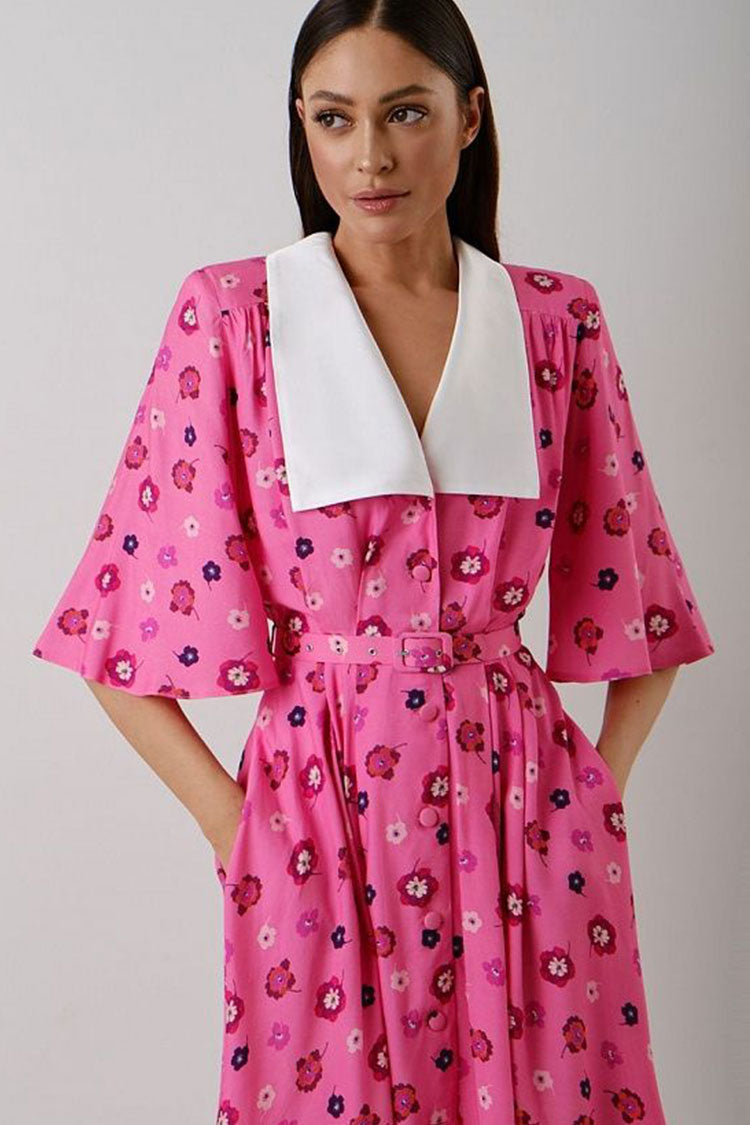 French Spread Collar Short Sleeve Button Down Bloom Midi Dress - Pink
