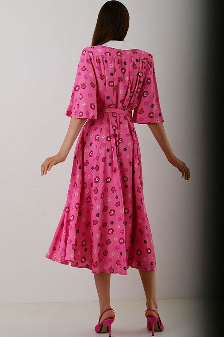 French Spread Collar Short Sleeve Button Down Bloom Midi Dress - Pink