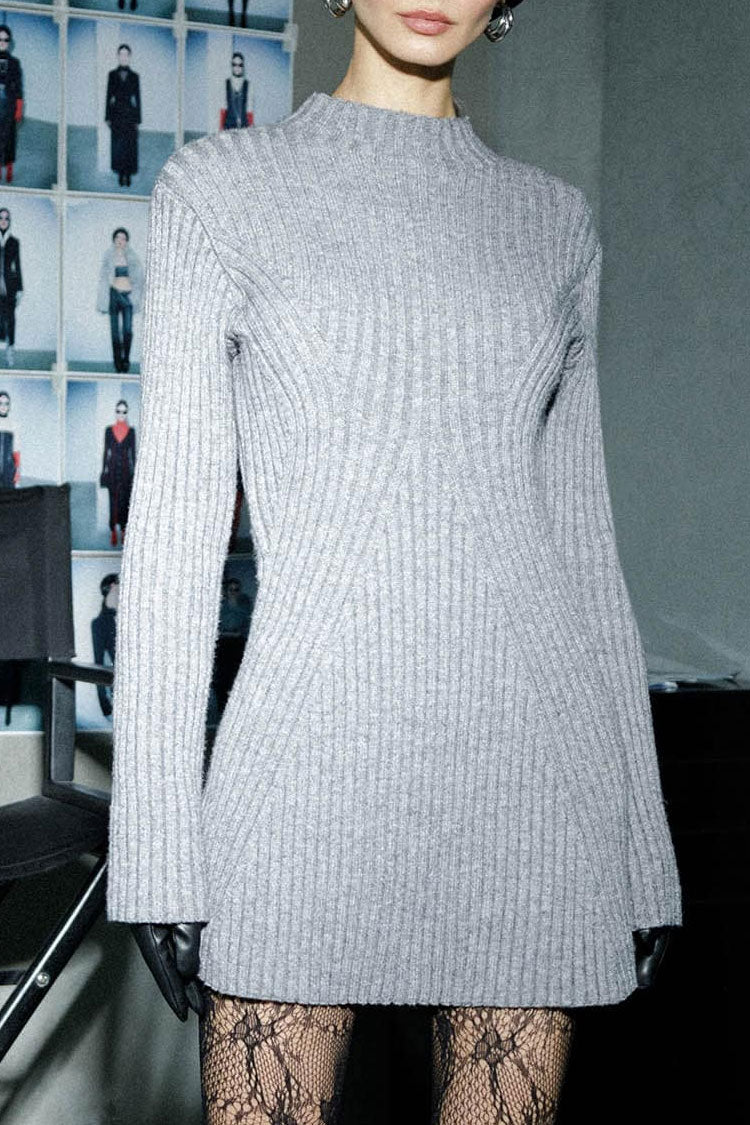 Style French Mock Neck Long Sleeve Chunky Rib Knit Winter Sweater Mini Dress - Gray
