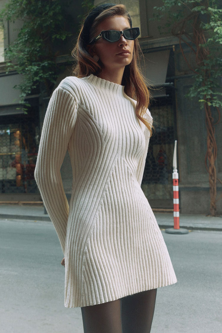 Style French Mock Neck Long Sleeve Chunky Rib Knit Winter Sweater Mini Dress - White
