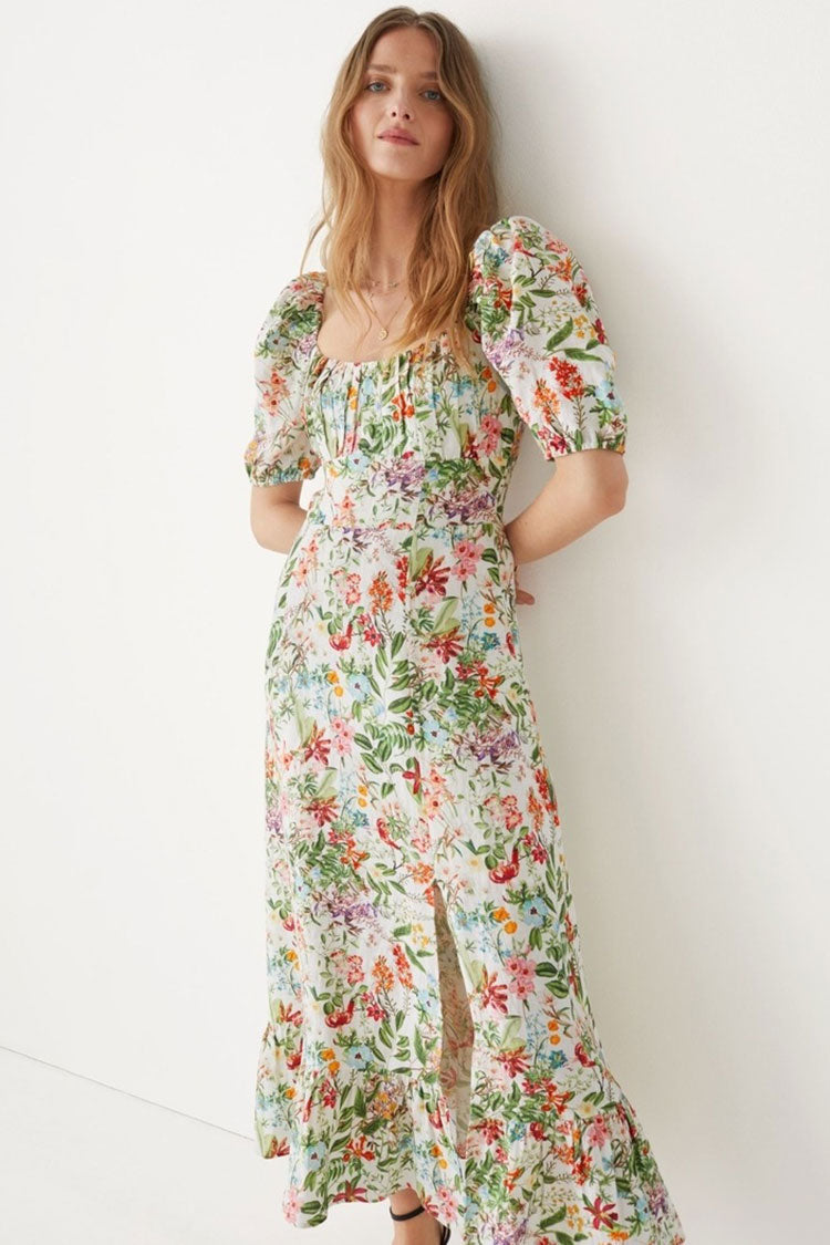 French Style Puff Sleeve Smocked Bloom Printed Split Linen Midi Dress - Green