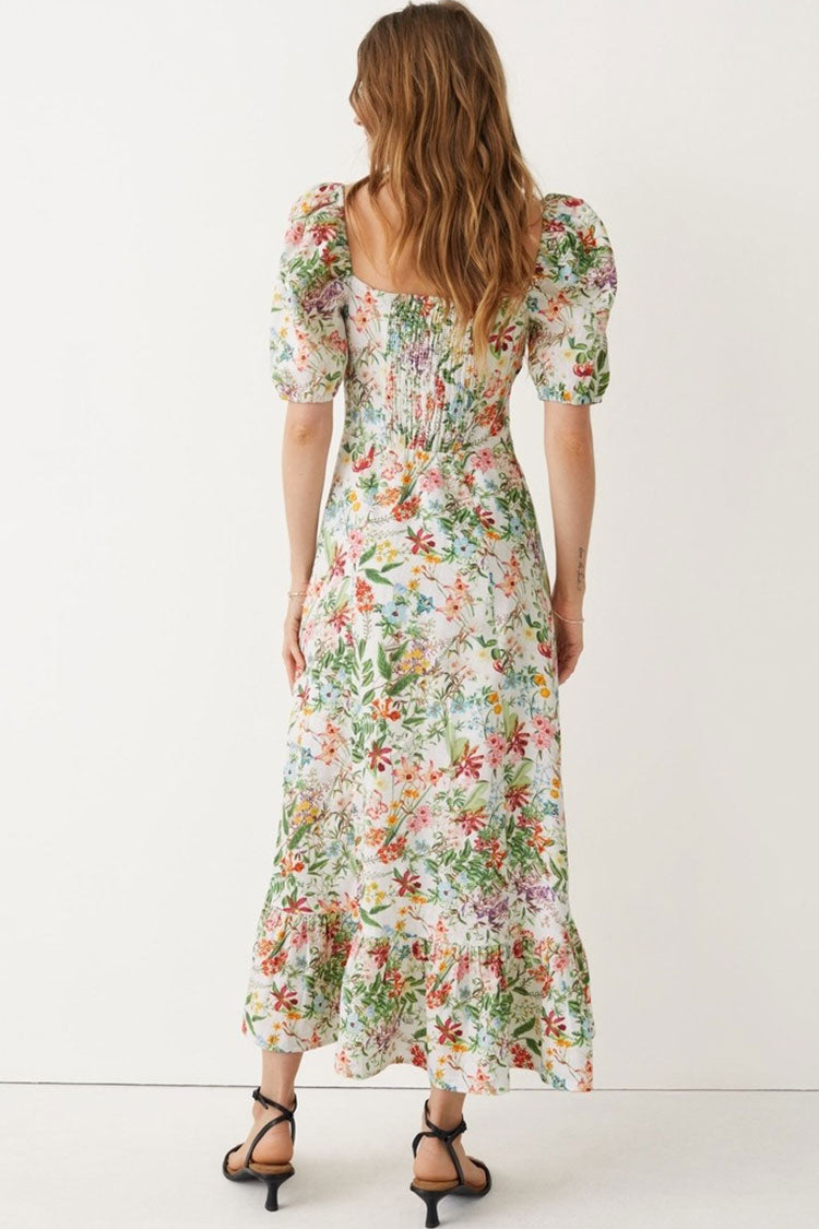 French Style Puff Sleeve Smocked Bloom Printed Split Linen Midi Dress - Green