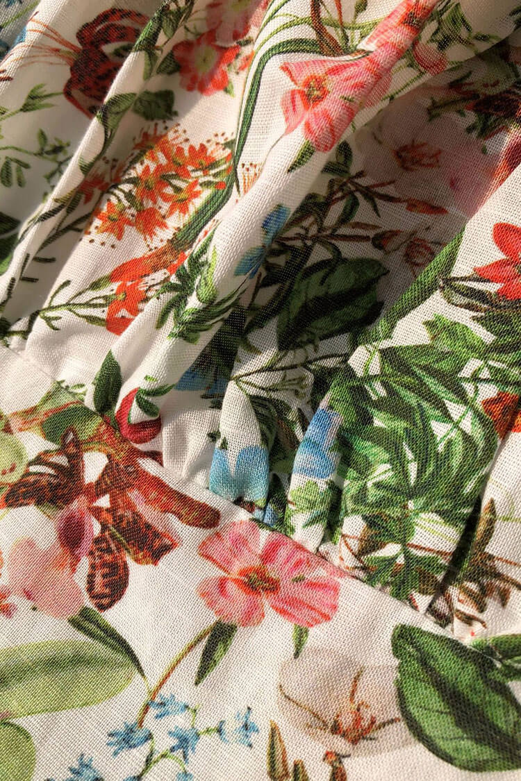 French Style Puff Sleeve Smocked Bloom Printed Split Linen Midi Dress - Green