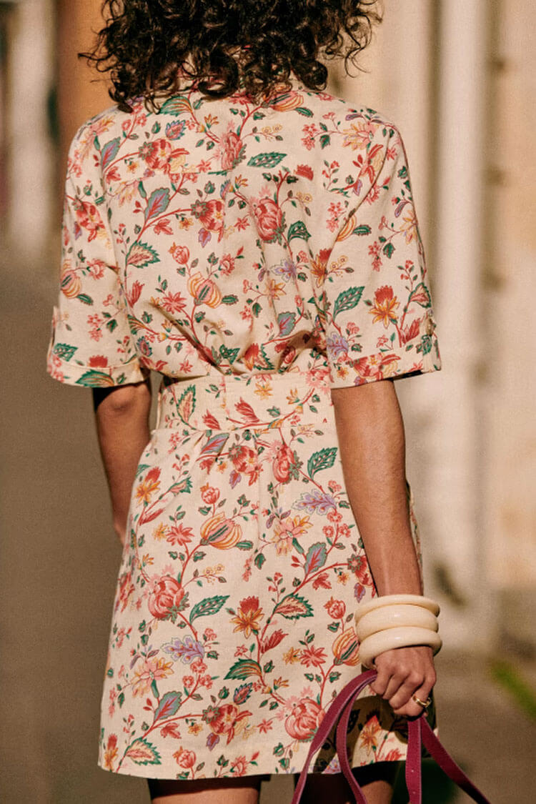 French Style Short Sleeve Button Up Printed Shirt Mini Dress - Bloom