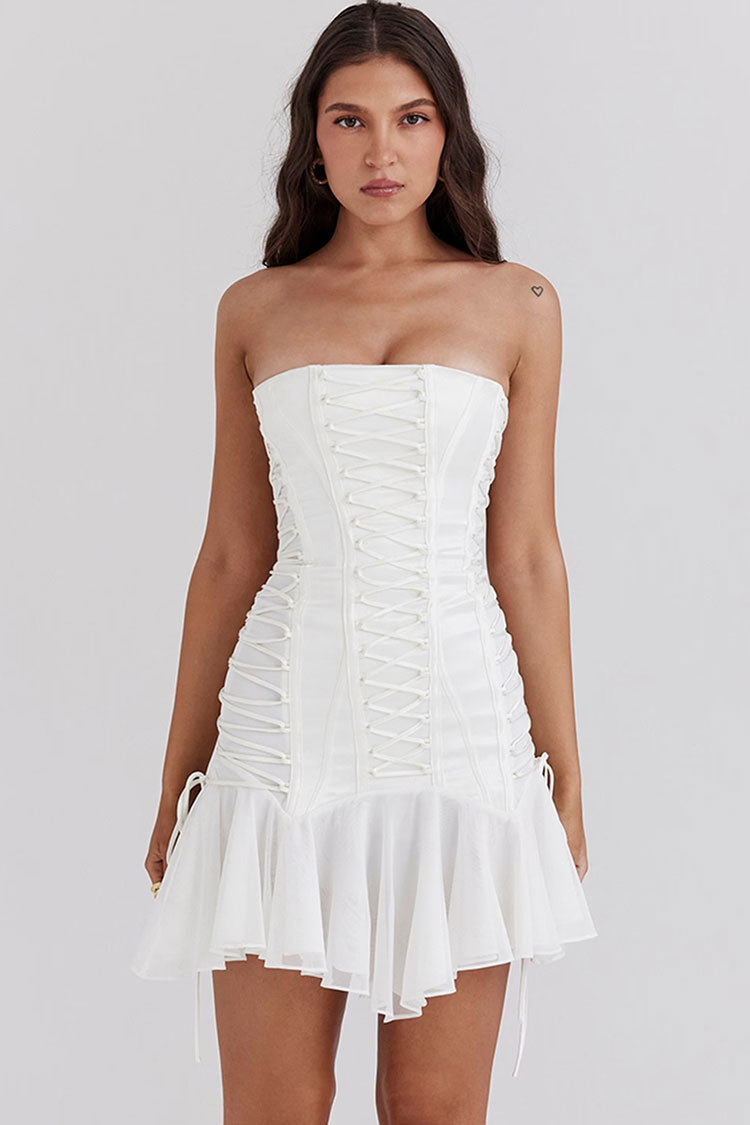 Style French Strapless Lace Up Hanky Mermaid Ruffle Tulle Party Mini Dress