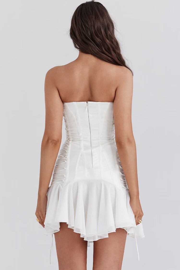 Style French Strapless Lace Up Hanky Mermaid Ruffle Tulle Party Mini Dress