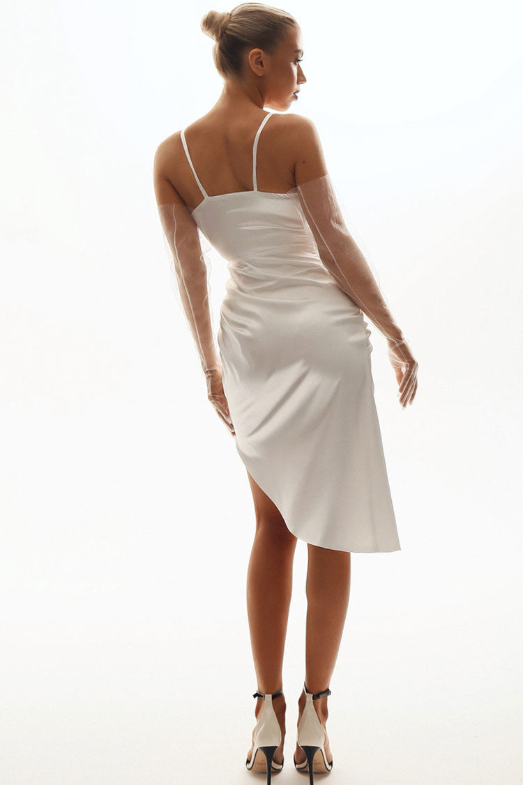 Style French Wrap V Neck High Slit Draped Slip Midi Dress - White