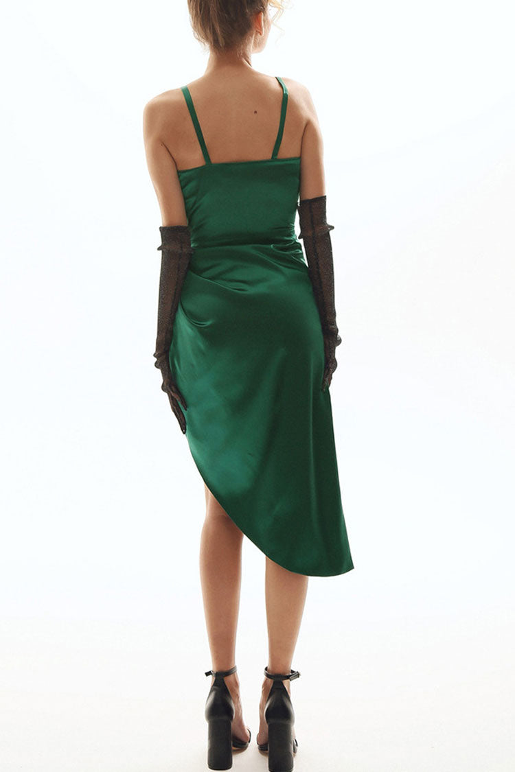Style French Wrap V Neck High Slit Slip Midi Dress - Emerald Green