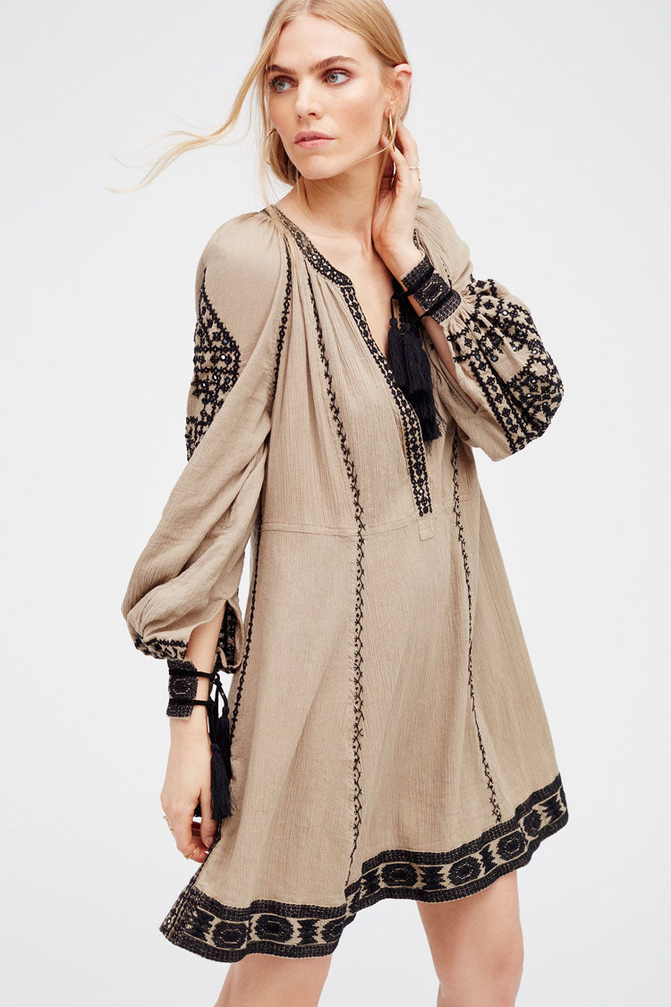 Ethnic Fringe Embroidered Long Sleeve Boho Style Mini Dress - Gray