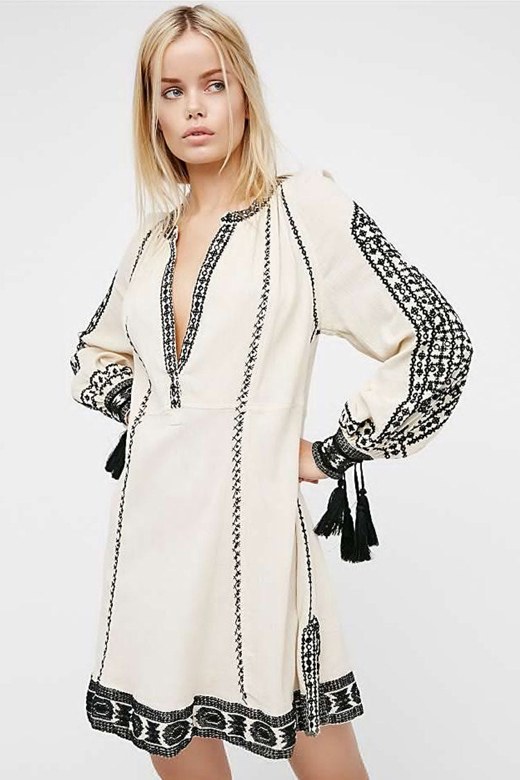 Ethnic Fringe Embroidered Long Sleeve Boho Style Mini Dress - White