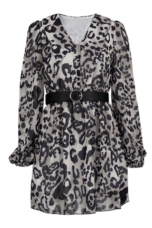 Timeless Melisa Printed Chiffon V Neck Mini Dress with Belt Designer Edit
