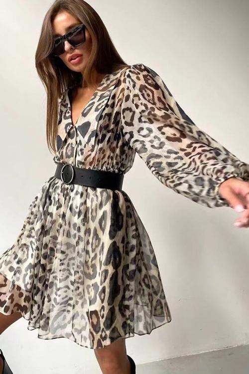 Timeless Melisa Printed Chiffon V Neck Mini Dress with Belt Designer Edit