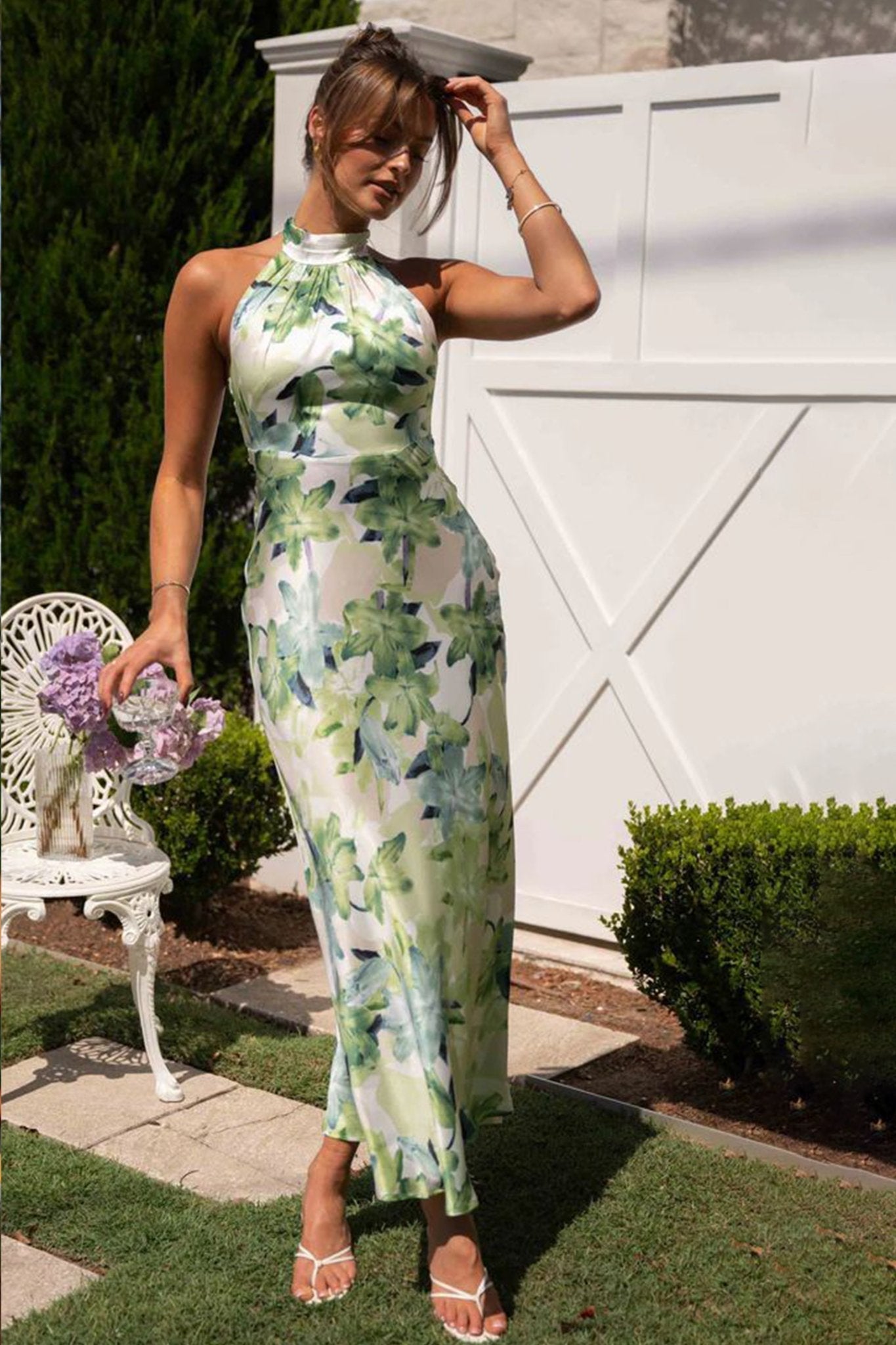 Chic Abigail Printed Halterneck Midi Dress in Backless Satin Premium Wardrobe Essential