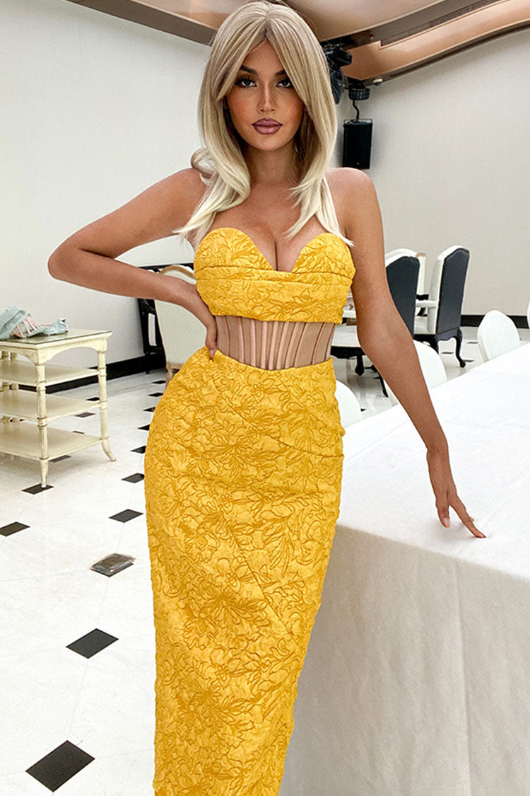 Glamorous Bloom Jacquard Strapless Corset Cocktail Midi Dress - Yellow