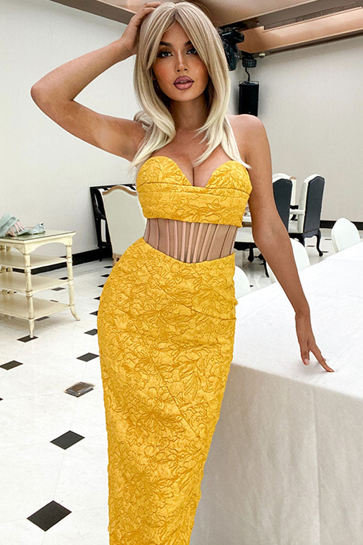 Glamorous Bloom Jacquard Strapless Corset Cocktail Midi Dress - Yellow