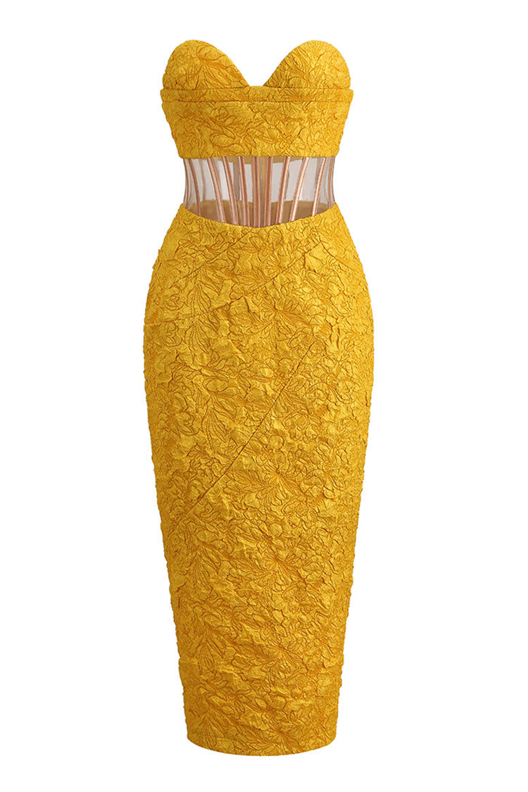 Glamorous Bloom Jacquard Strapless Corset Cocktail Midi Dress - Yellow