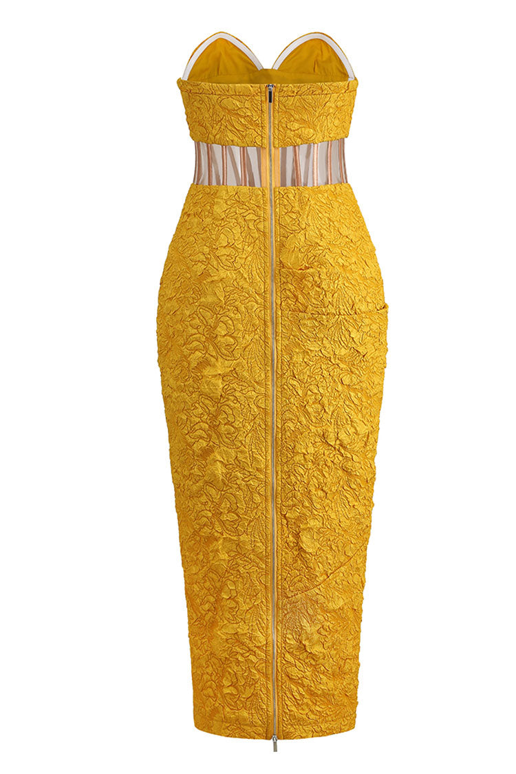 Glamorous Bloom Jacquard Strapless Corset Cocktail Midi Dress - Yellow