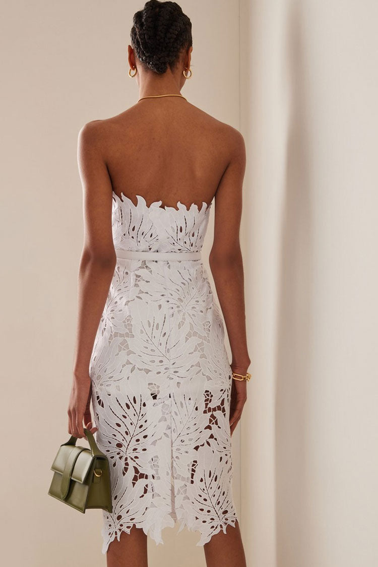 Leaf Glamorous Laser Cut Strapless Bandage Cocktail Midi Dress - White