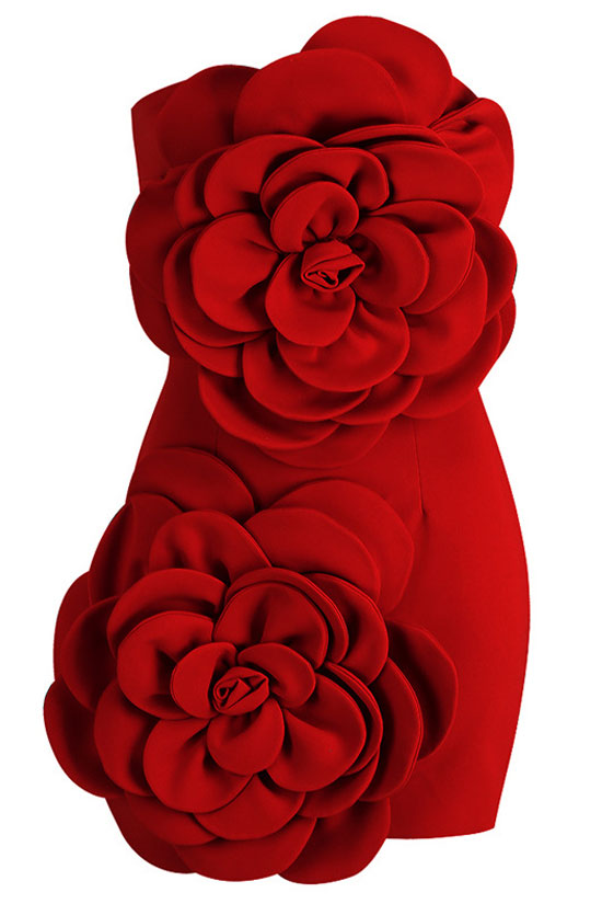 Oversized Glamorous 3D Rosette Applique Strapless Bodycon Party Mini Dress - Red