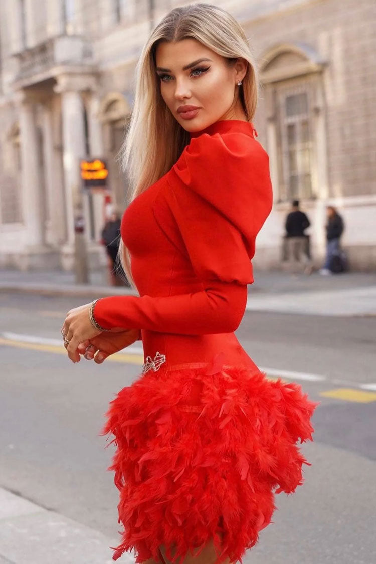 Puff Glamorous Sleeve Rhinestone Faux Feather Trim Party Mini Dress - Red